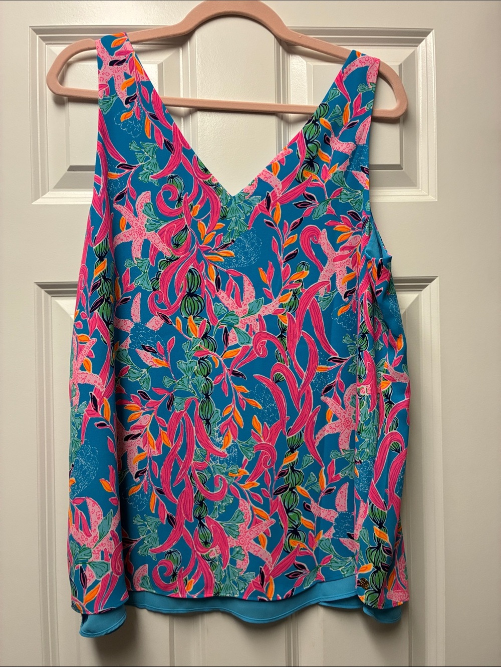 Lilly Pulitzer Teal Floral V-Neck Tank with Pink & Orange Accents - Picture 2 of 2